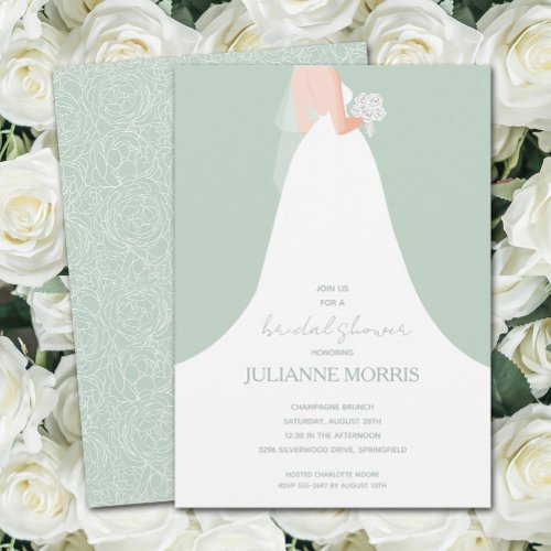 Wedding Gown on Pale Green Bridal Shower Invitation