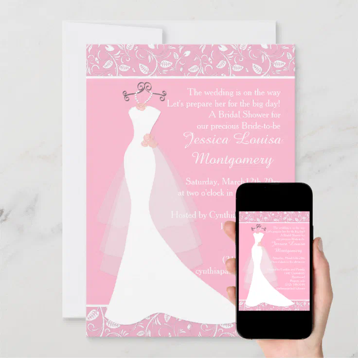 Wedding gown on pink Bridal Shower Invite Zazzle