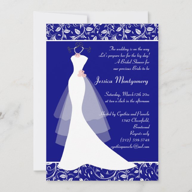 Wedding gown on royal blue Bridal Shower Invite (Front)