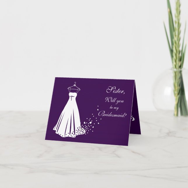 Wedding gown on violet Sister Bridesmaid Note card (Front)