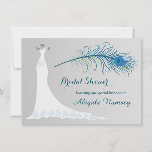 Wedding gown peacock feather Bridal Shower Invite