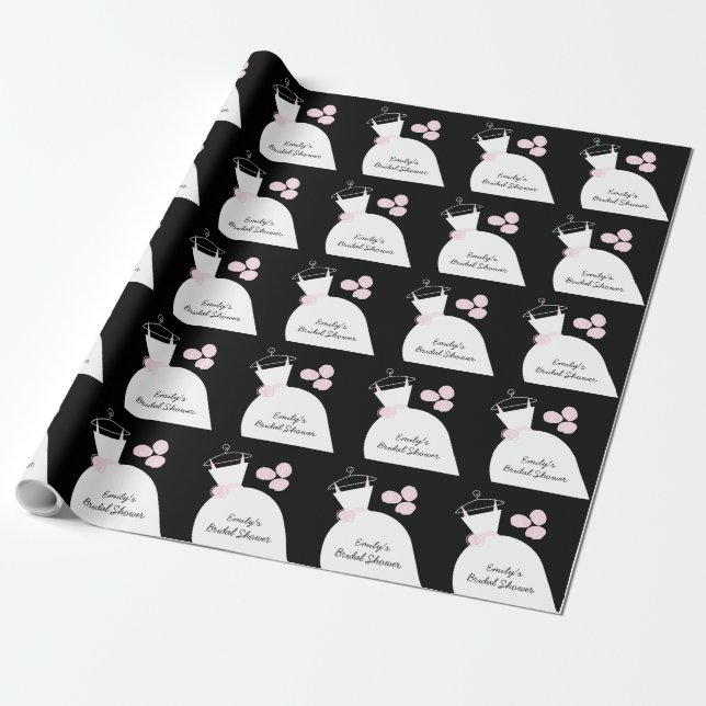 Wedding Gown Pink 'Bridal Shower' black Wrapping Paper (Unrolled)