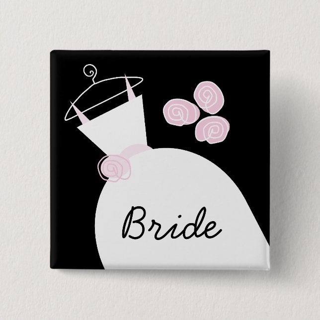 Wedding Gown Pink 'Bride' black square Pinback Button (Front)