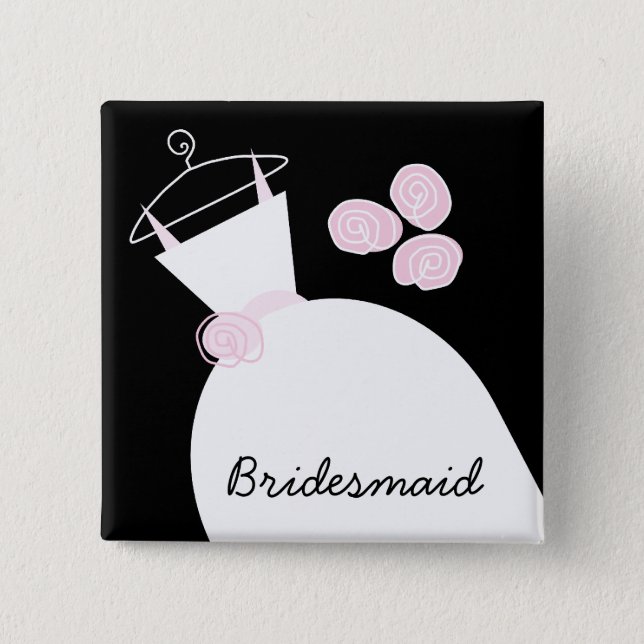 Wedding Gown Pink 'Bridesmaid' black square Button (Front)