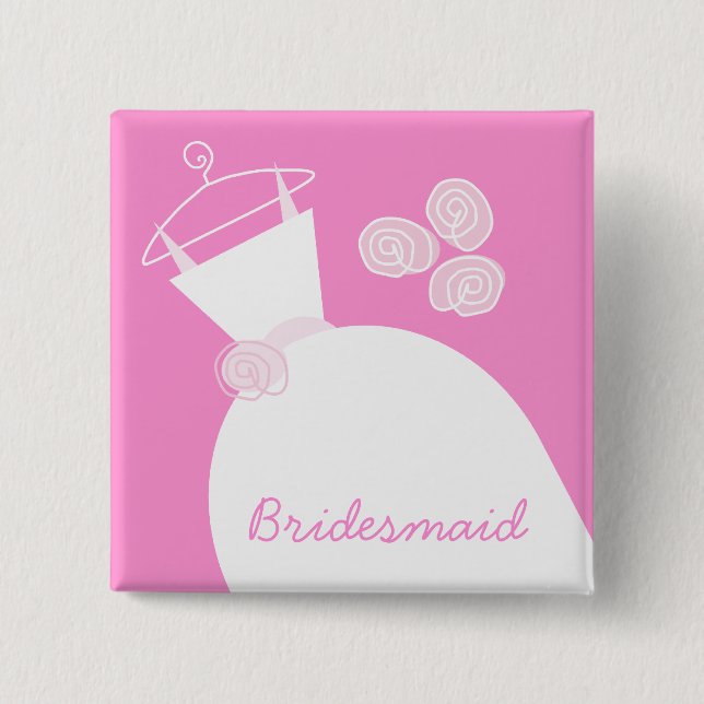 Wedding Gown Pink 'Bridesmaid' square Pinback Button (Front)