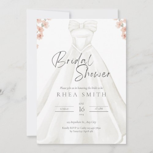 Wedding Gown Pink Floral Bridal Shower Invitation