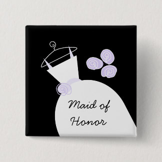 Wedding Gown Purple 'Maid of Honor' black square Pinback Button