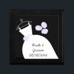 Wedding Gown Purple 'Names Date' black gift box<br><div class="desc">Pretty bridal themed gift box in shades of purple featuring a stylised wedding gown and flowers on a black background. A customizable design for you to personalise with your own text,  pictures and ideas. Artwork created by Jess Perry.</div>