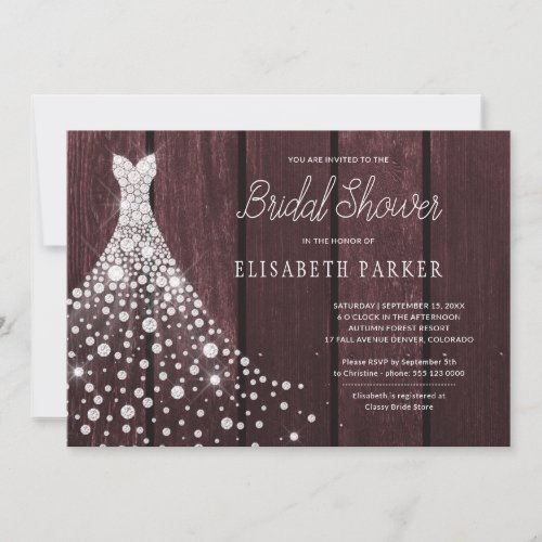 Wedding gown rustic wood burgundy bridal shower invitation