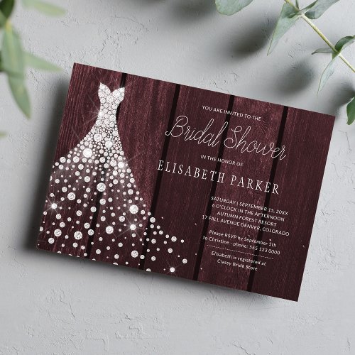 Wedding gown rustic wood burgundy bridal shower invitation