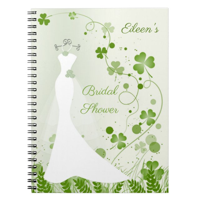 Wedding gown, shamrock in a meadow Bridal Shower Notebook (Front)