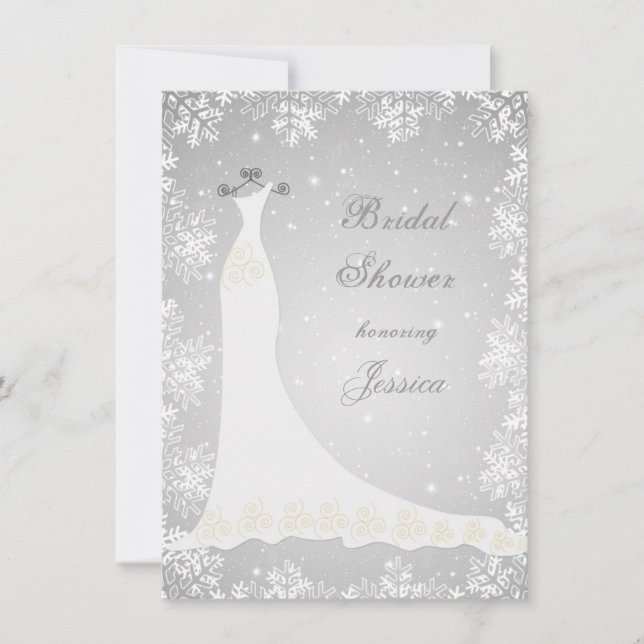 Wedding gown, snowflakes on gray Bridal Shower Invitation (Front)