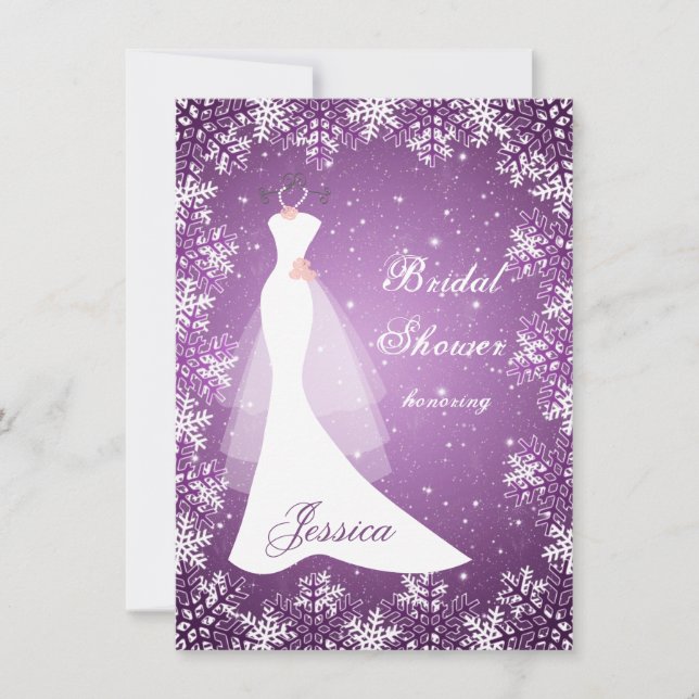 Wedding gown, snowflakes on purple Bridal Shower Invitation (Front)