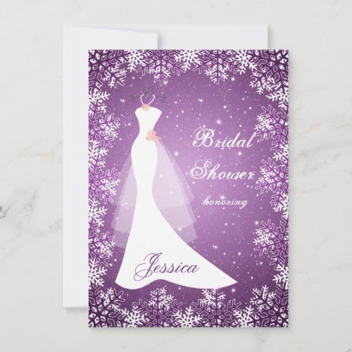 Wedding gown snowflakes on purple Bridal Shower Invitation