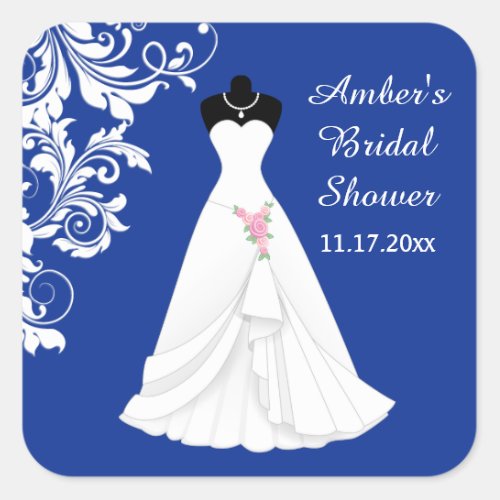 Wedding gown swirl on royal blue Bridal Shower Square Sticker