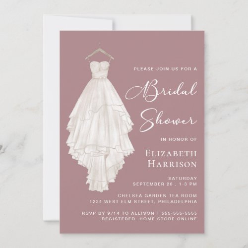 Wedding Gown Watercolor Dusty Rose Bridal Shower Invitation