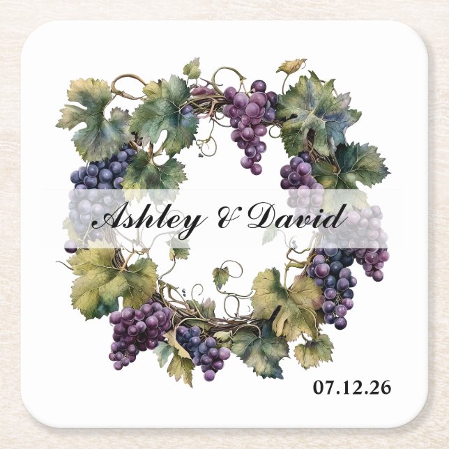 Wedding Grape Wreath  Square Paper Coaster (Front)