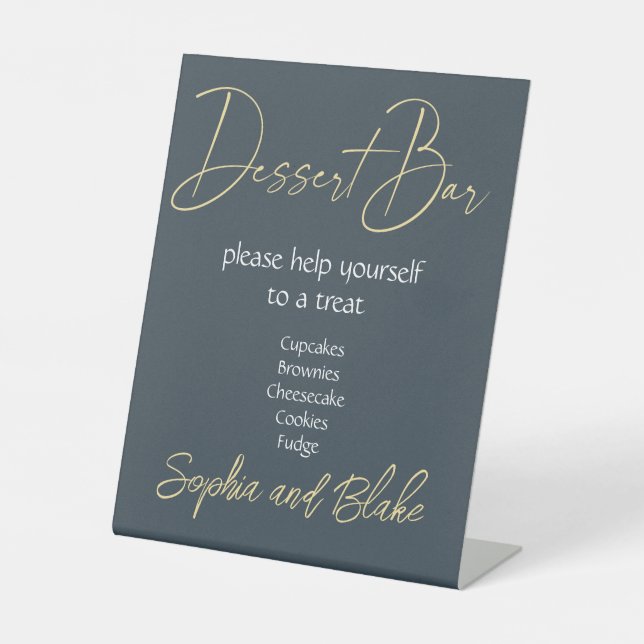 Wedding Gray and Gold Dessert Bar Pedestal Sign (Front)