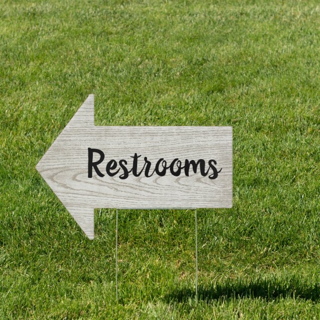 Wedding  Gray Wood Directional Arrow Restrooms Sign (Insitu)
