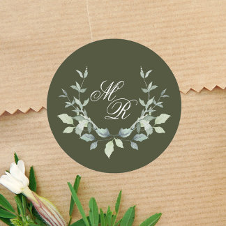 Wedding Green Monogram Classic Custom Classic Round Sticker