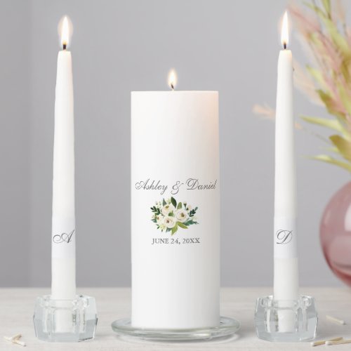 Wedding Green White Floral Silver Bride Groom Unity Candle Set