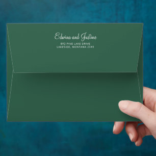 Wedding green with white text reply address envelope
