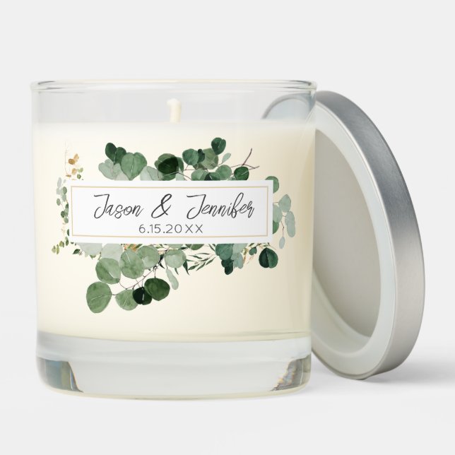 Wedding Greenery Couple Names Date Elegant Scented Candle (Lid)