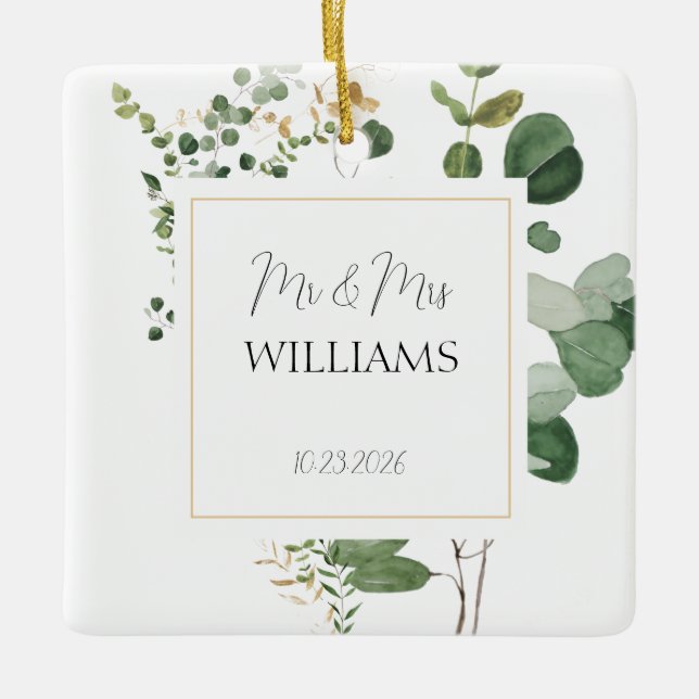 Wedding Greenery Couple PHOTO Elegant Newlyweds Ceramic Ornament (Front)