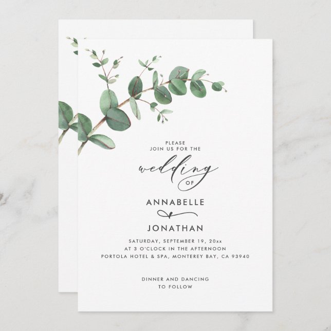 Wedding greenery Eucalyptus botanical modern Invit Invitation (Front/Back)