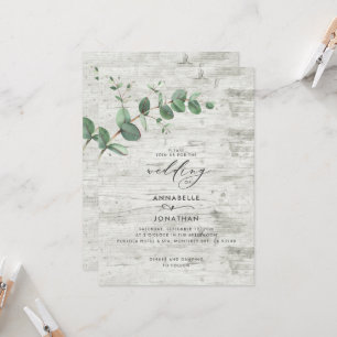 Wedding greenery Eucalyptus botanical white wood Invitation