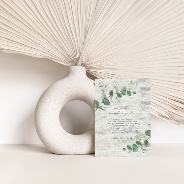 Wedding greenery Eucalyptus botanical white wood Invitation (Creator Uploaded)