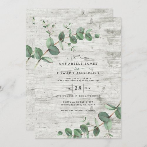 Wedding greenery Eucalyptus botanical white wood Invitation