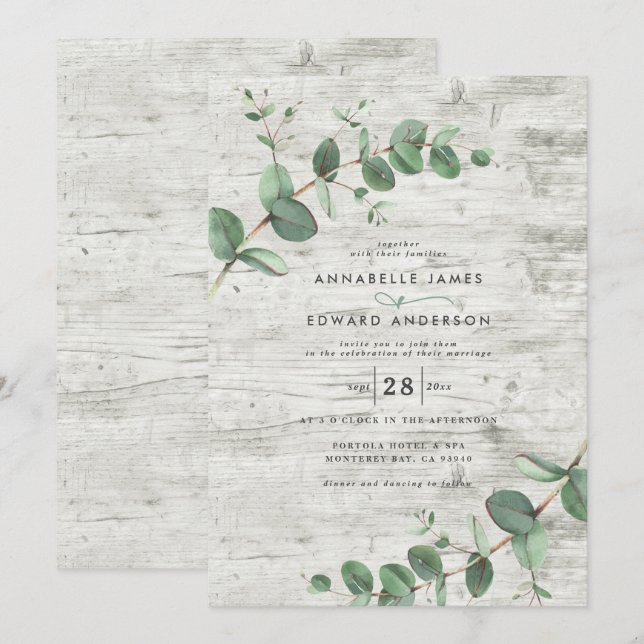 Wedding greenery Eucalyptus botanical white wood Invitation (Front/Back)