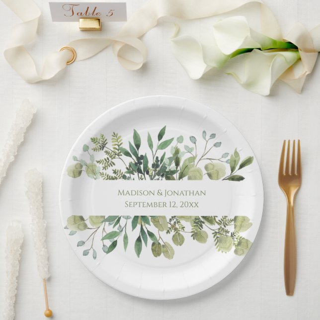 Wedding Greenery Eucalyptus Watercolor Names Date Paper Plates (Wedding)