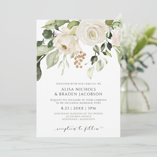 Wedding Greenery Foliage White Floral Gold Invitation (Standing Front)
