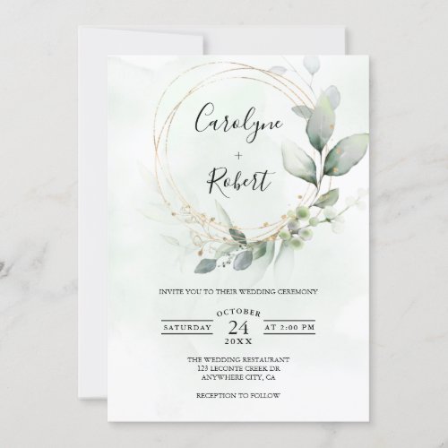 Wedding Greenery Gold Foliage Invitation Template