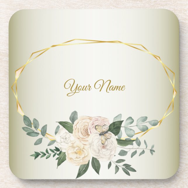 Wedding Greenery Leaves Pink Floral Gold Geometric Beverage Coaster (Front)