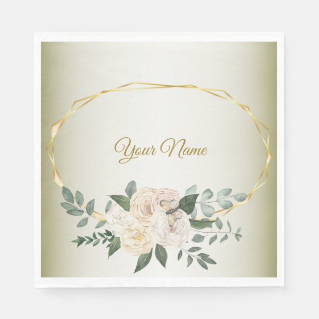 Wedding Greenery Leaves Pink Floral Gold Geometric Napkins (Front)