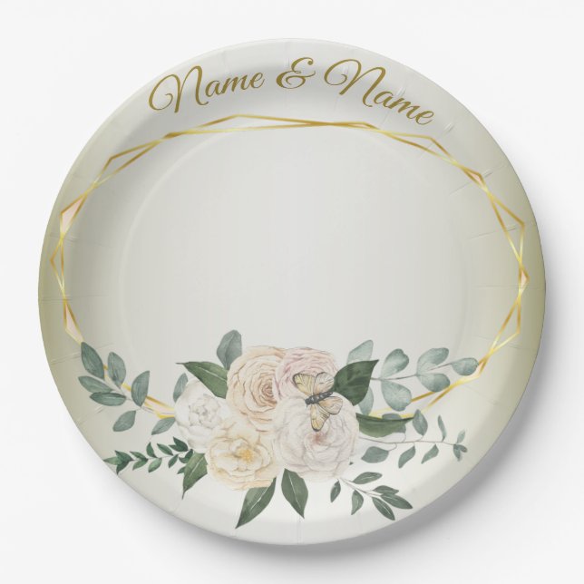 Wedding Greenery Leaves Pink Floral Gold Geometric Paper Plates (Front)