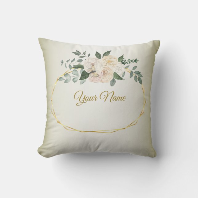 Wedding Greenery Leaves Pink Floral Gold Geometric Throw Pillow (Front)