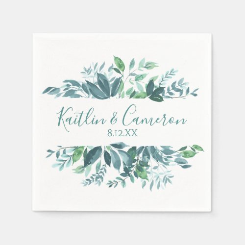 Wedding Greenery Napkins  Typography Teal Blue