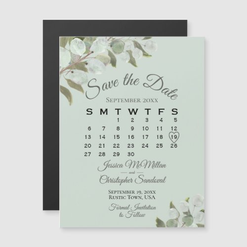 Wedding Greenery Save the Date Calendar Mint Sage Magnetic Invitation