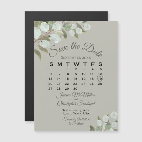 Wedding Greenery Save the Date Calendar Olive Sage Magnetic Invitation