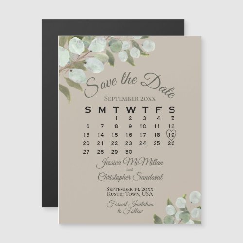 Wedding Greenery Save the Date Calendar Tan Taupe Magnetic Invitation