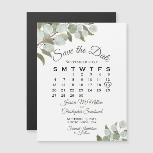 Wedding Greenery Save the Date Calendar White Magnetic Invitation