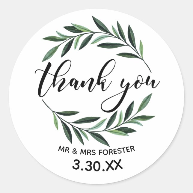 Wedding Greenery Wreath Thank You Classic Round Sticker (Front)
