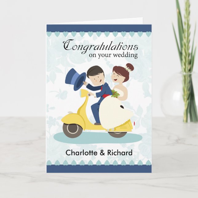 Wedding Greeting Card, couple on scooter customize Card (Front)