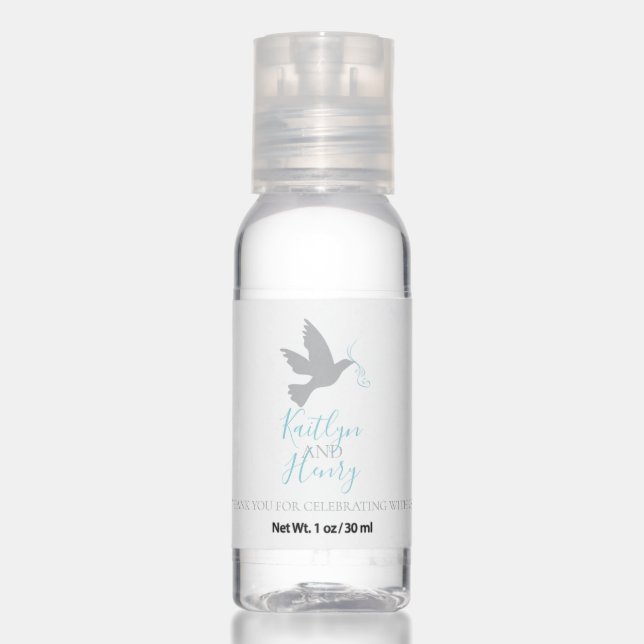Wedding grey dove graphic two aqua blue ribbons hand sanitizer (Front)
