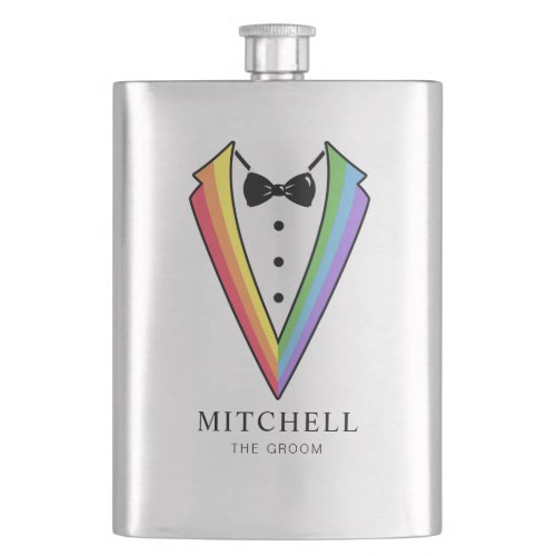 Wedding Groom Groomsman Gay Rainbow Tuxedo Flask