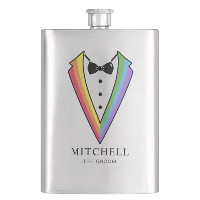 Wedding Groom Groomsman Gay Rainbow Tuxedo Flask (Front)